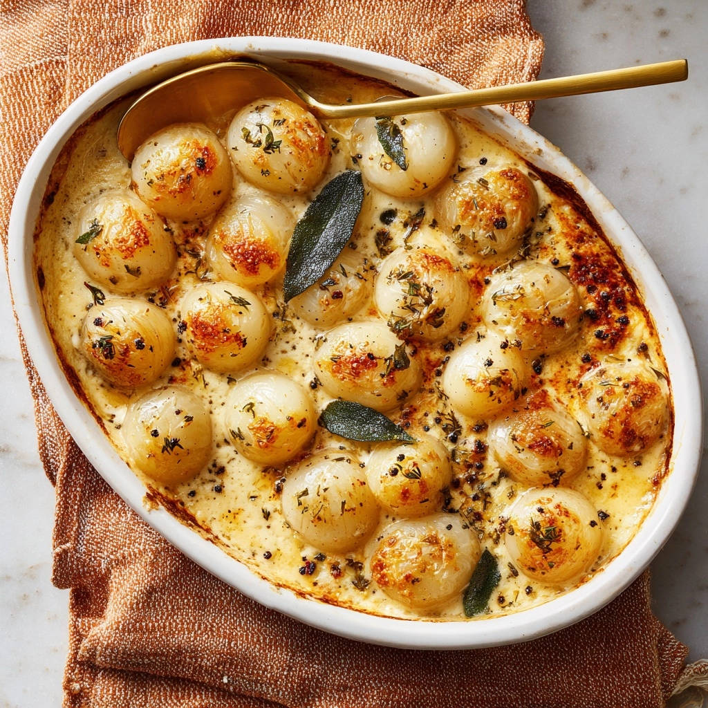 Cremige Zwiebeln Draufsicht Serviert 1 Cremige Zwiebeln, serviert in einer Auflaufform, mit goldbrauner Kruste und frischen Kräutern garniert. Ein köstliches vegetarisches Gericht.