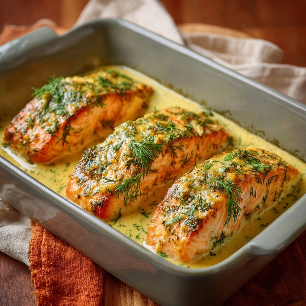 Cremiger Ofenlachs Nahaufnahme Fertig Gebacken 1 Cremiger Ofenlachs in einer Auflaufform, mit frischen Kräutern garniert, kurz vor dem Servieren in Nahaufnahme.