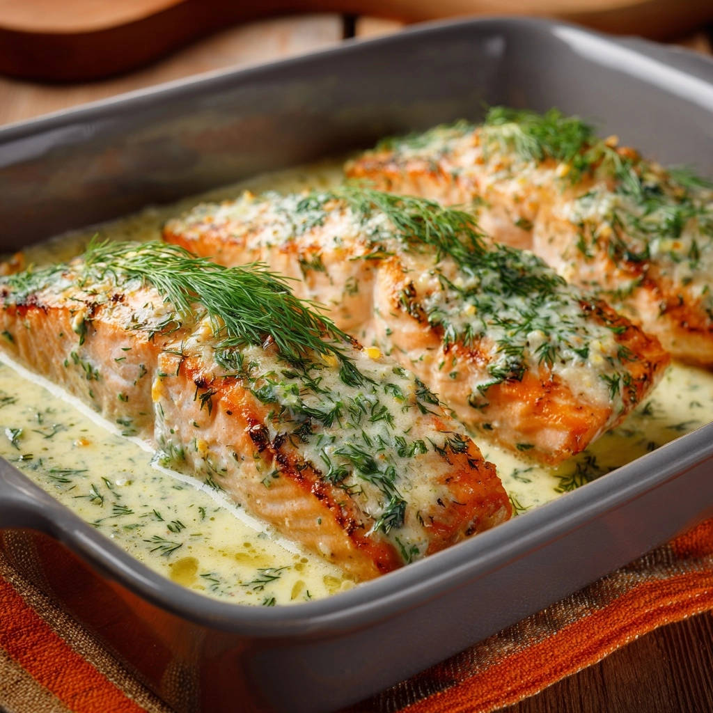 Cremiger Ofenlachs in Nahaufnahme, garniert mit frischem Dill und einer cremigen Sauce, präsentiert in einer Auflaufform. Das Gericht ist fertig gebacken.