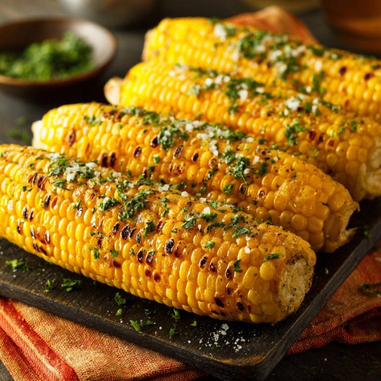 Grillmais, serviert auf einem dunklen Holzbrett, zeigt eine Nahaufnahme der gegrillten Maiskolben mit Kräutern und Salz.