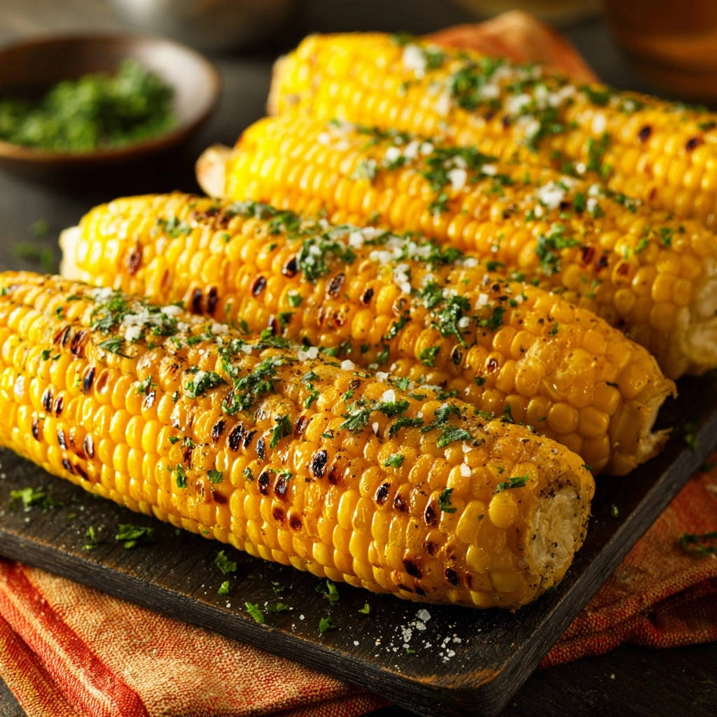 Grillmais, serviert auf einem dunklen Holzbrett, zeigt eine Nahaufnahme der gegrillten Maiskolben mit Kräutern und Salz.