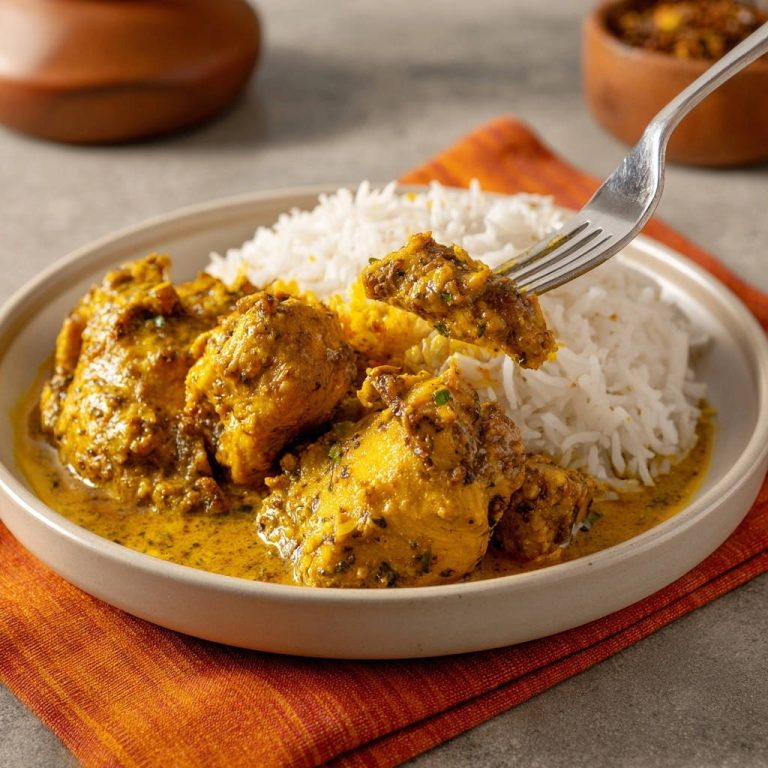 Hähnchen Curry, serviert auf einem Teller mit fluffigem Reis und einer Gabel, die ein köstliches Stück Hähnchen hervorhebt.