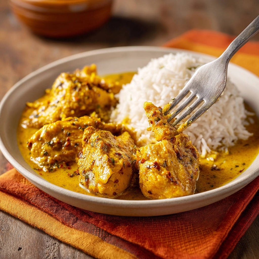 Hahnchen Curry Serviert Mit Reis 1 Hähnchen Curry serviert mit Reis, präsentiert in einer Schüssel. Ein Stück Hähnchen wird gerade mit einer Gabel aus dem Curry gehoben.
