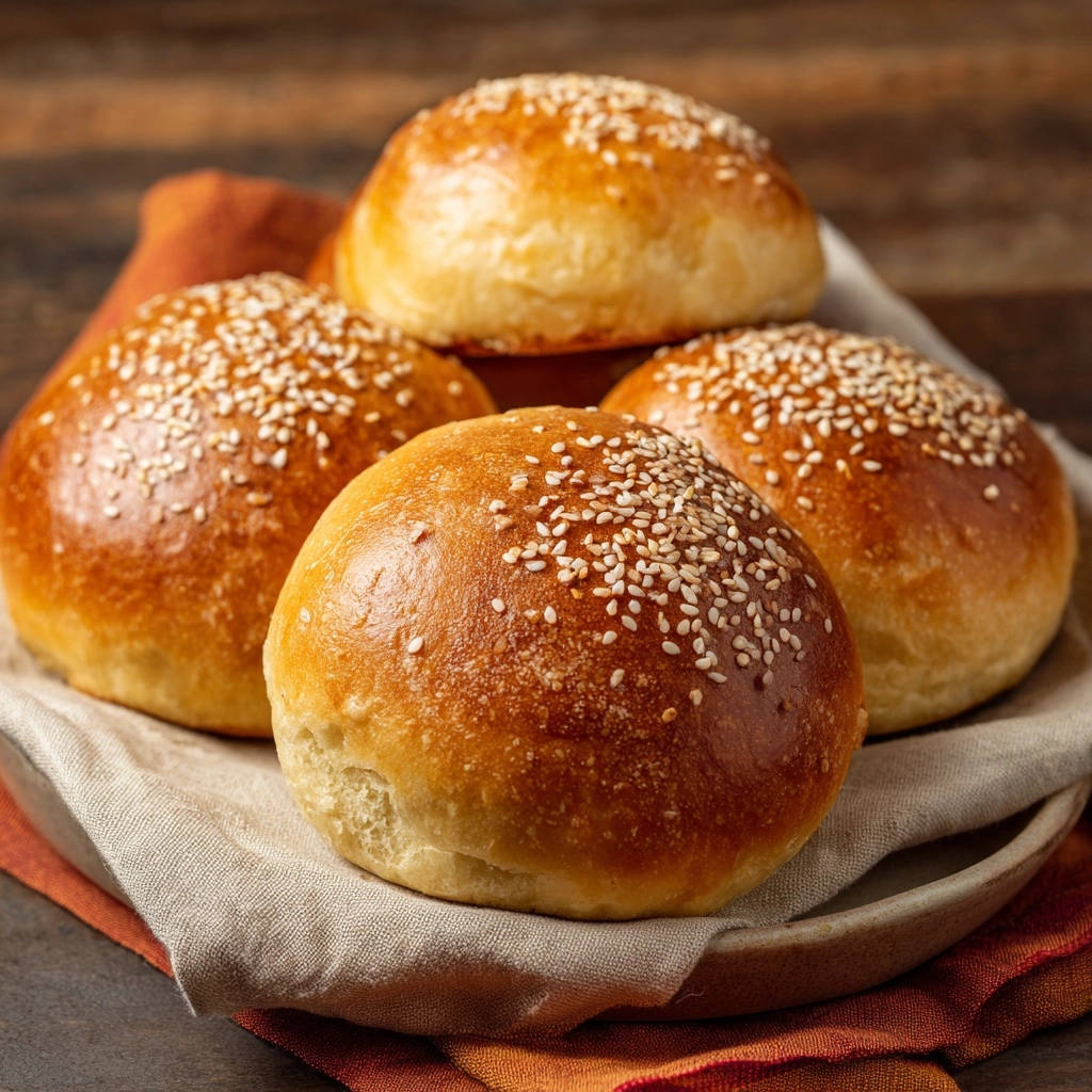 Hefebrötchen, eine Nahaufnahme der goldbraunen Brötchen, bedeckt mit Sesamkörnern, die auf einem rustikalen Teller serviert werden.