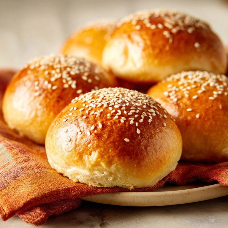 Hefebrötchen, frisch gebacken und mit Sesam bestreut, präsentiert in einer Nahaufnahme, die die goldbraune Kruste hervorhebt.