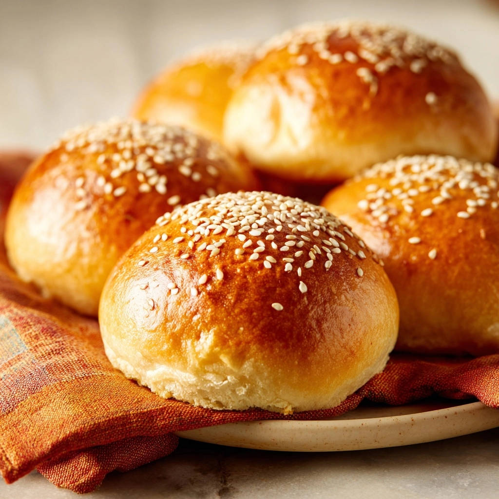Hefebrötchen, frisch gebacken und mit Sesam bestreut, präsentiert in einer Nahaufnahme, die die goldbraune Kruste hervorhebt.