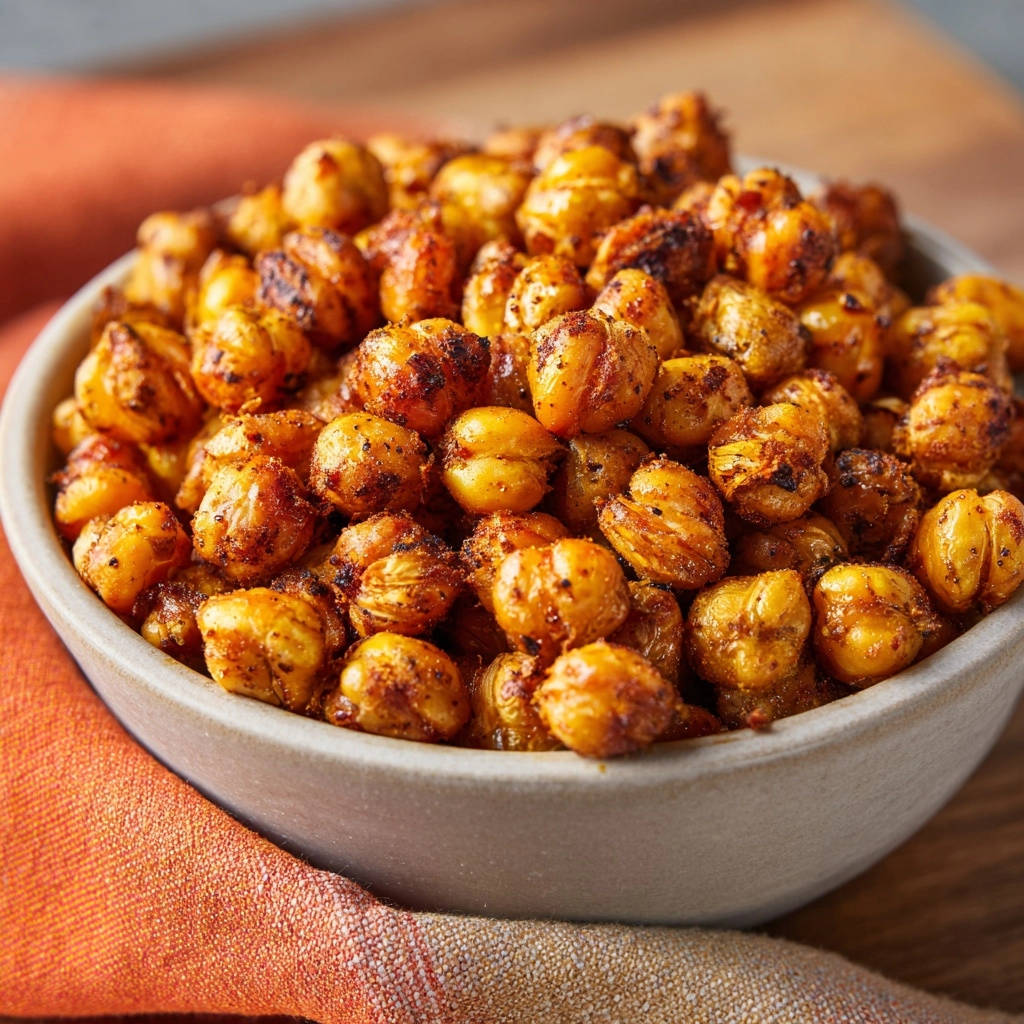 Knusper Kichererbsen Nahaufnahme Serviert 1 Knusper Kichererbsen, serviert in einer Schüssel. Diese Nahaufnahme zeigt die perfekt geröstete Textur und goldbraune Farbe der Kichererbsen.