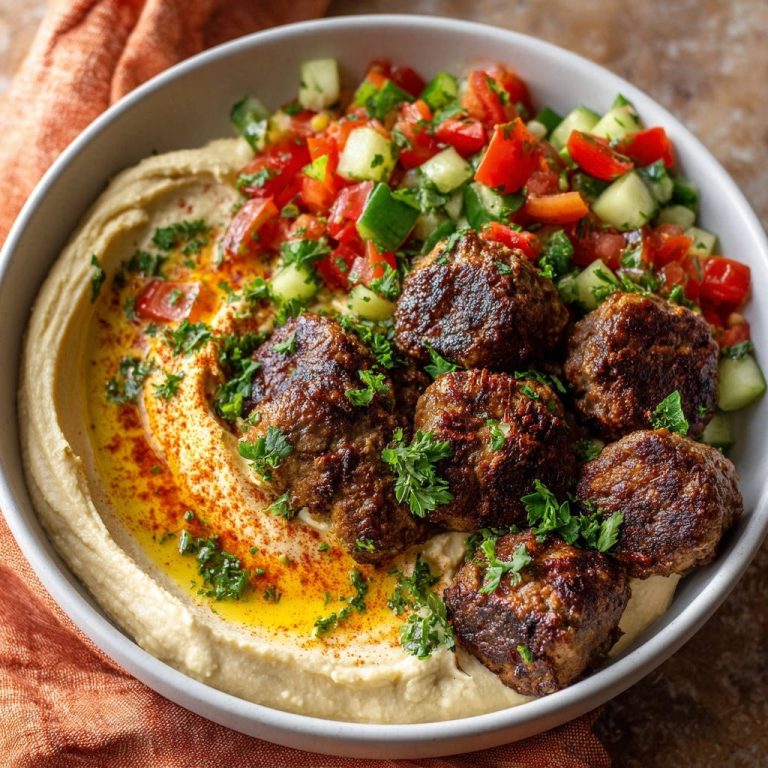 Kofta mit Hummus, serviert in einer Schüssel mit frischem Gemüse und Kräutern. Die Köfte sind perfekt gebraten und liegen auf cremigem Hummus.