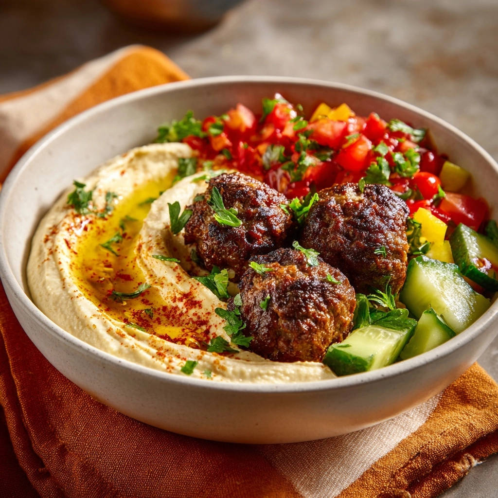 Kofta mit Hummus, serviert in einer Schüssel, mit frischen Zutaten wie Tomaten, Gurken und Petersilie.