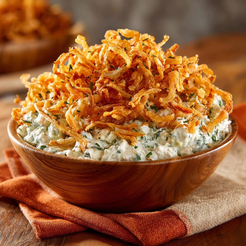 Röstzwiebel-Dip, serviert in einer Holzschale, mit knusprigen Röstzwiebeln als üppige Garnierung. Ein köstlicher Snack für jeden Anlass.