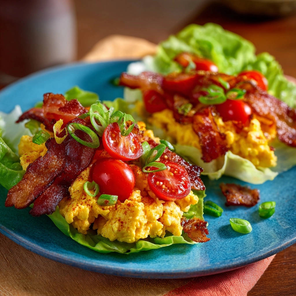 Rührei Salatboote serviert auf einem blauen Teller, garniert mit knusprigem Speck, Tomaten und frischen Kräutern.