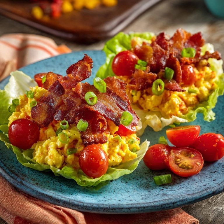 Rührei Salatboote serviert in Nahaufnahme auf einem blauen Teller, garniert mit knusprigem Speck und frischen Tomaten.