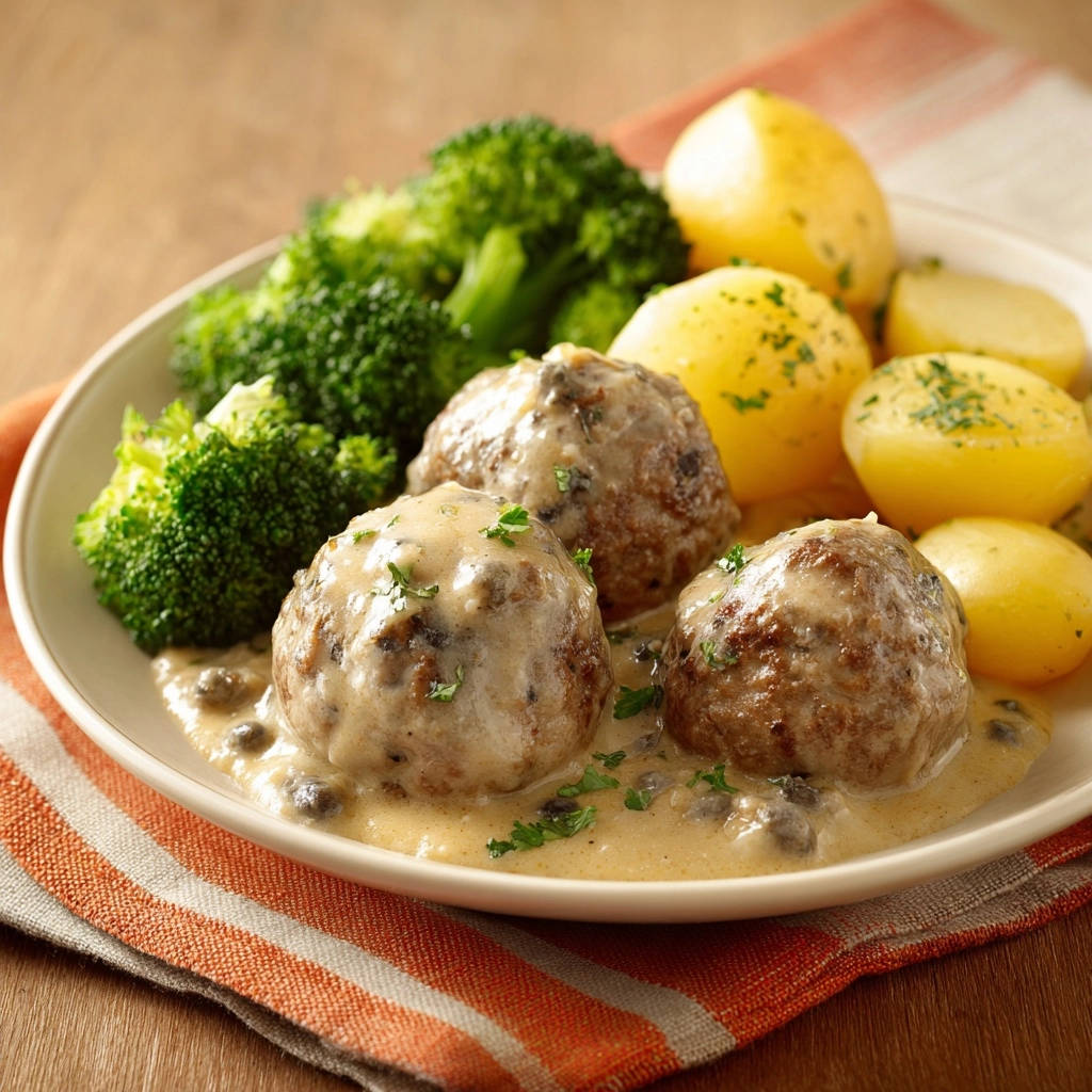 Saftige Hackbällchen in cremiger Rahmsauce mit Drillingen und Brokkoli
