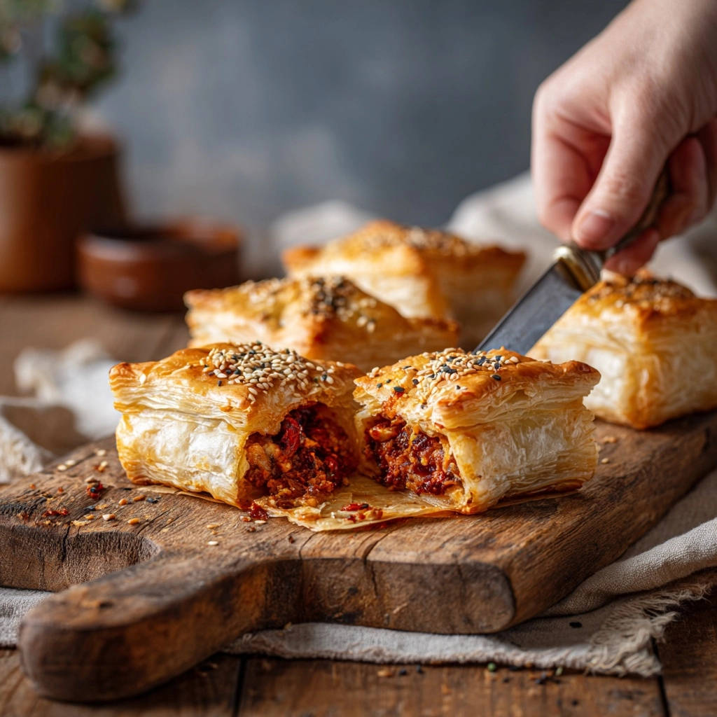 Goldene Blätterteigtaschen mit würziger Füllung