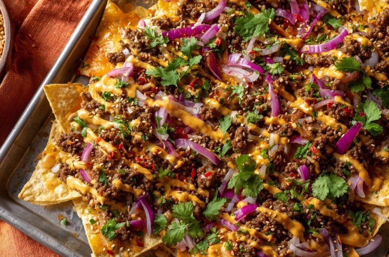 Asiatische Hackfleisch-Nachos vom Blech