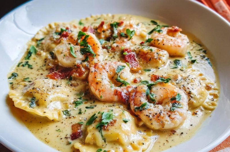 Cremige Garnelen-Ravioli mit knusprigem Speck
