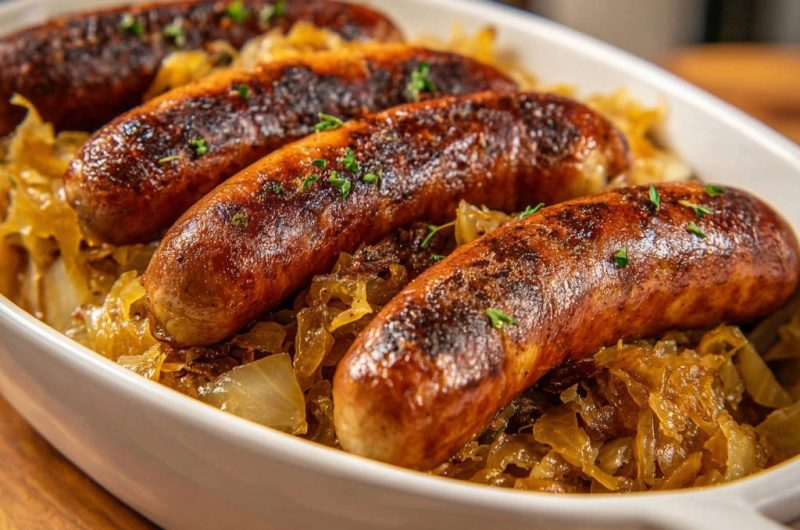 Deftige Bratwürste auf Zwiebelbett