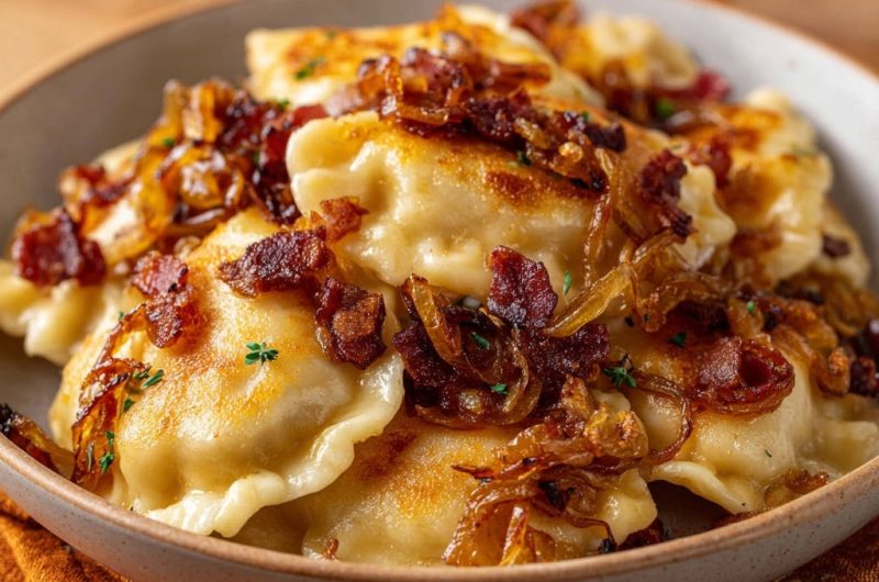 Goldbraune Pierogi mit karamellisierten Zwiebeln und knusprigem Bacon