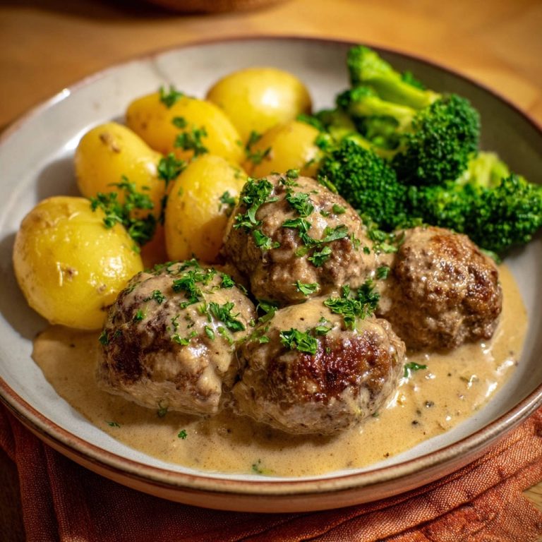 Saftige Hackbällchen in cremiger Rahmsauce mit Drillingen und Brokkoli: Nie wieder trocken!