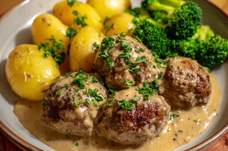 Saftige Hackbällchen in cremiger Rahmsauce mit Drillingen und Brokkoli