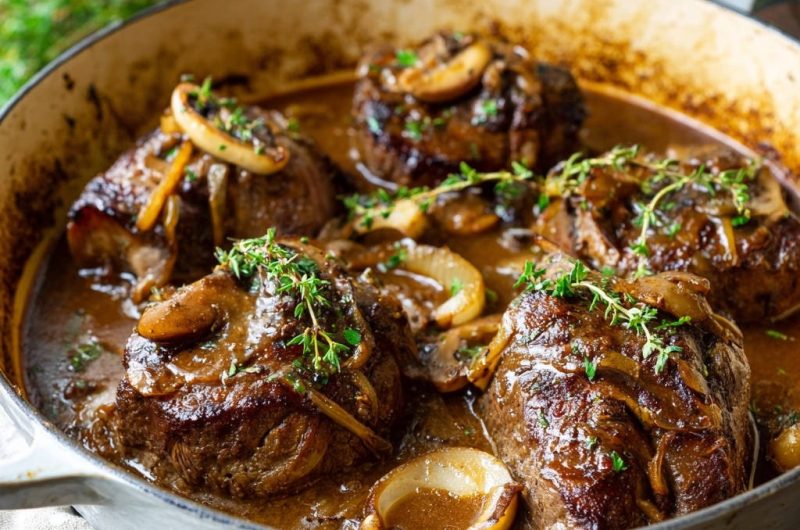 Zartes Schmorrind mit Pilzen und Zwiebeln