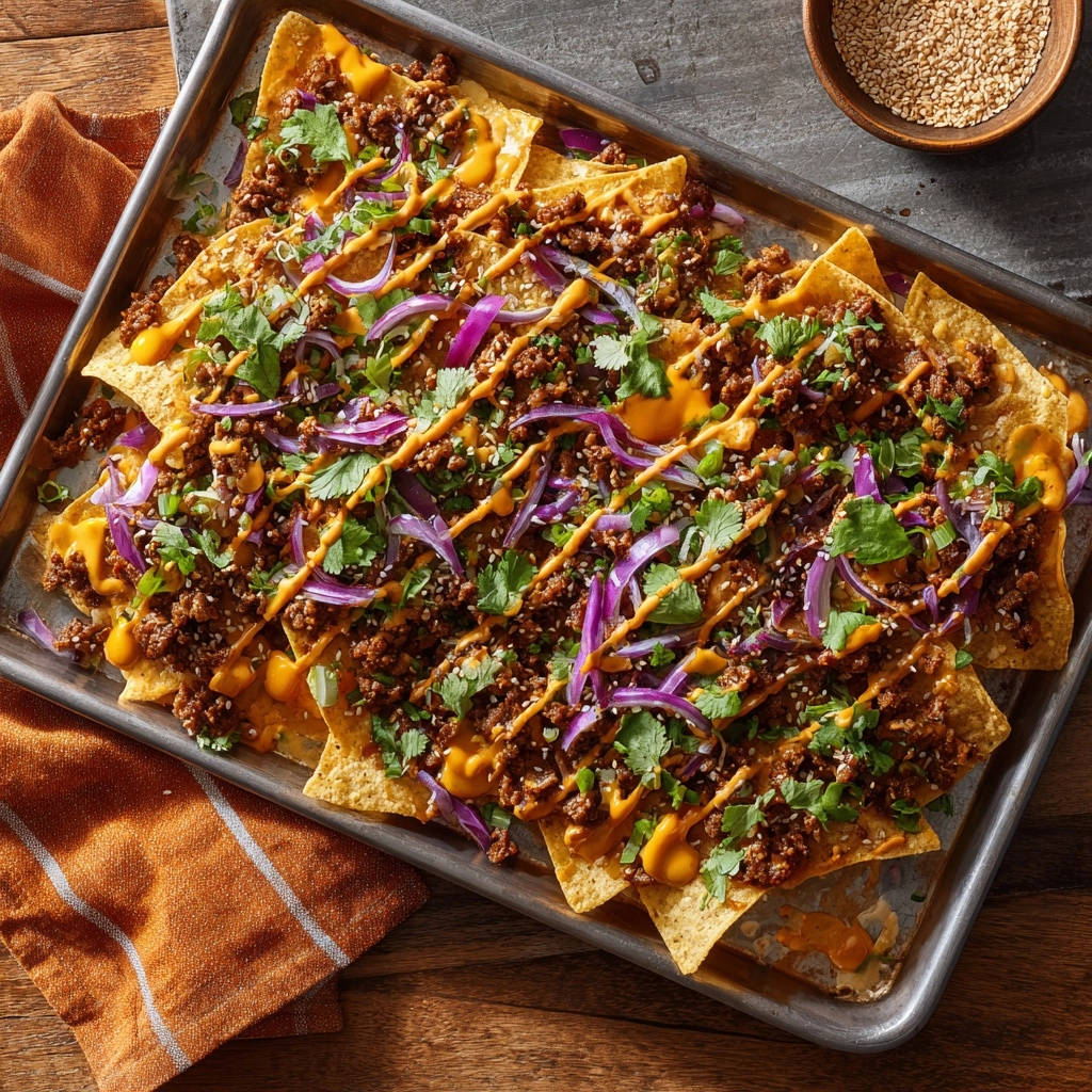 Asiatische Hackfleisch Nachos Vom Blech Draufsicht 1 Asiatische Hackfleisch-Nachos vom Blech in einer Ansicht von oben, reichlich belegt mit Hackfleisch, Soße, frischen Kräutern und knackigem Gemüse.