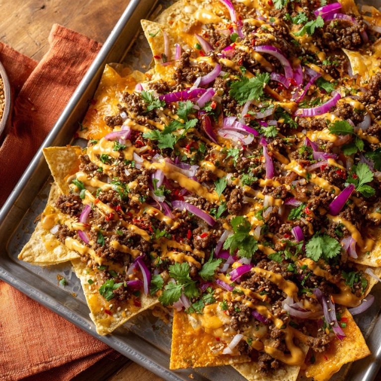 Asiatische Hackfleisch-Nachos vom Blech, präsentiert auf einem Metallblech in einer Nahaufnahme von oben mit roten Zwiebeln und Koriander.