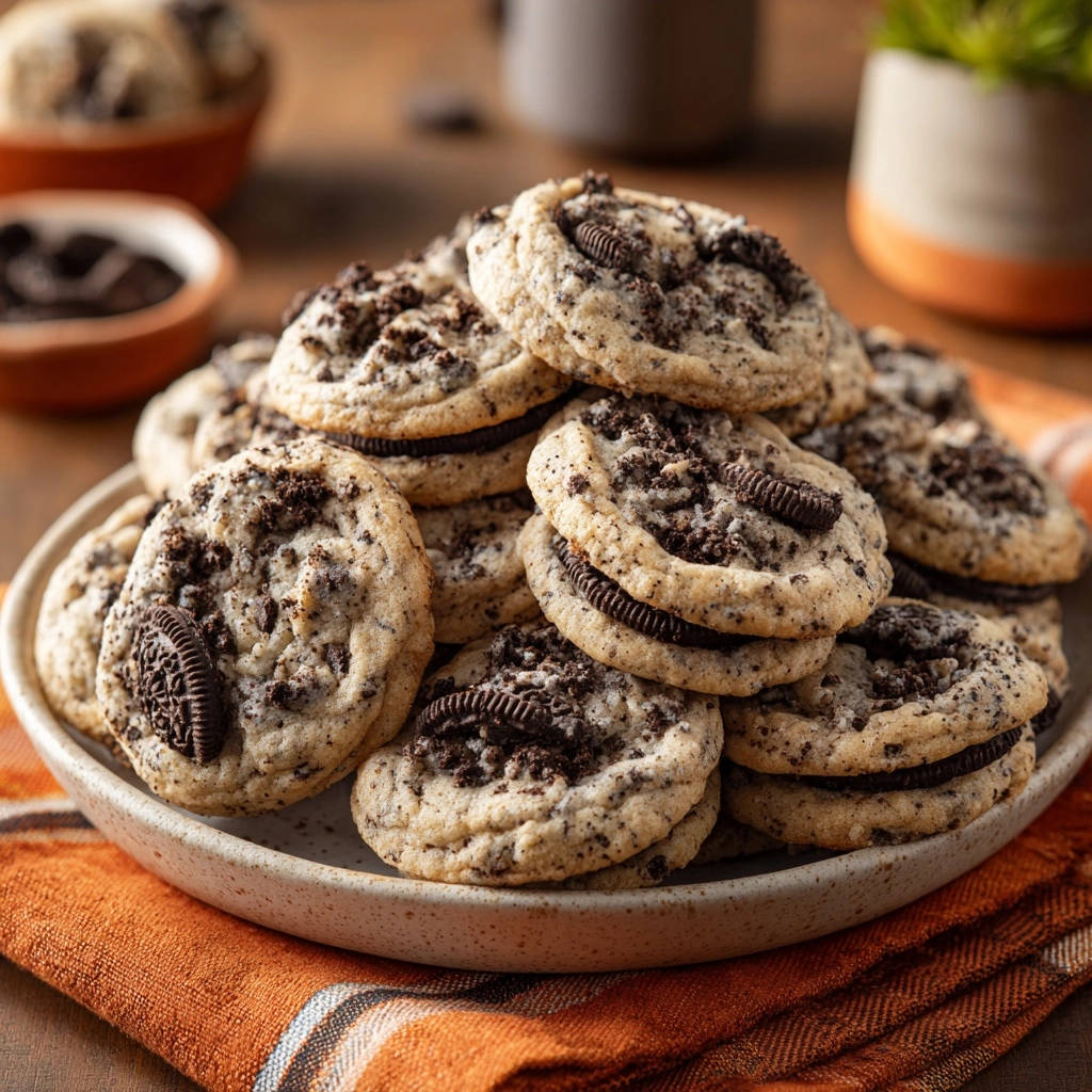 Cookies & Cream Traumkekse, serviert auf einem Teller, zeigen eine Nahaufnahme der cremigen Füllung und der knusprigen Kekse.