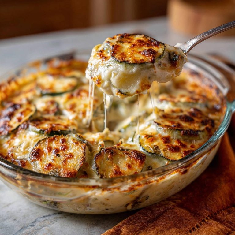 Cremiges Zucchini-Kartoffel-Gratin in Nahaufnahme, serviert auf einem Löffel, mit geschmolzenem Käse, der sich zieht. Ein unwiderstehlich cremiges Gericht.