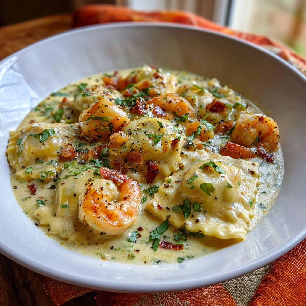 Cremige Garnelen-Ravioli in einer Schüssel serviert, mit knusprigem Speck und frischer Petersilie garniert, Nahaufnahme. Die cremige Soße umschließt die Ravioli.