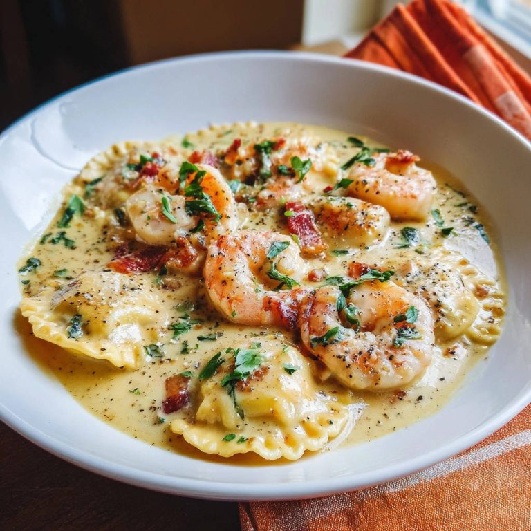 Cremige Garnelen-Ravioli mit knusprigem Speck serviert in einer tiefen Schüssel, garniert mit frischer Petersilie und Pfeffer.