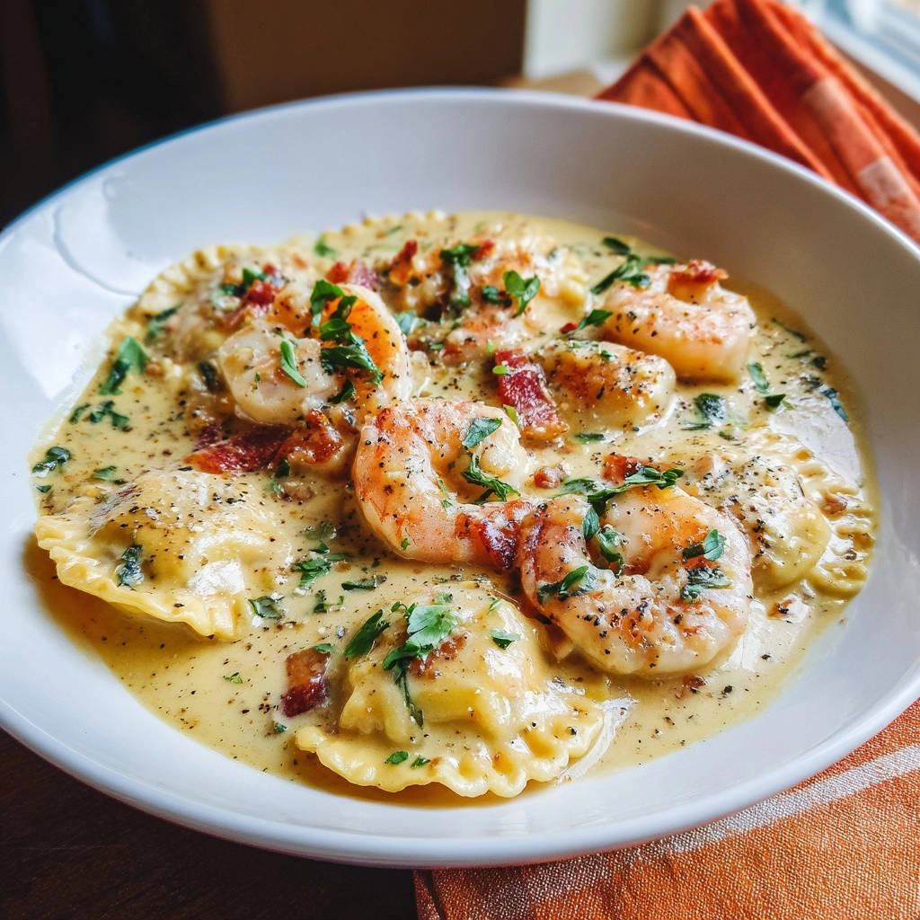 Cremige Garnelen-Ravioli mit knusprigem Speck serviert in einer tiefen Schüssel, garniert mit frischer Petersilie und Pfeffer.