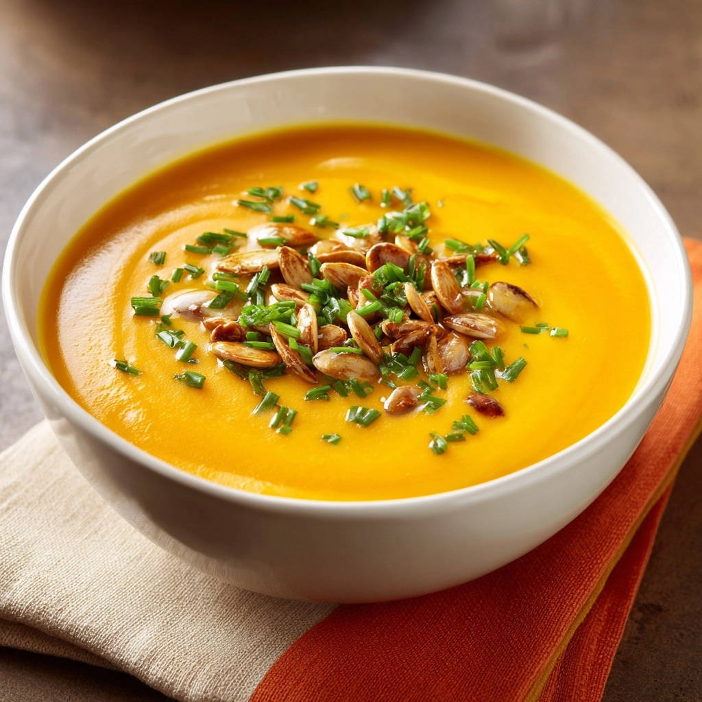 Cremige Kuerbissuppe Mit Kernen Draufsicht Serviert 1 Cremige Kürbissuppe mit knusprigen Kernen, serviert in einer weißen Schüssel, garniert mit frischen Kräutern und gerösteten Kürbiskernen.