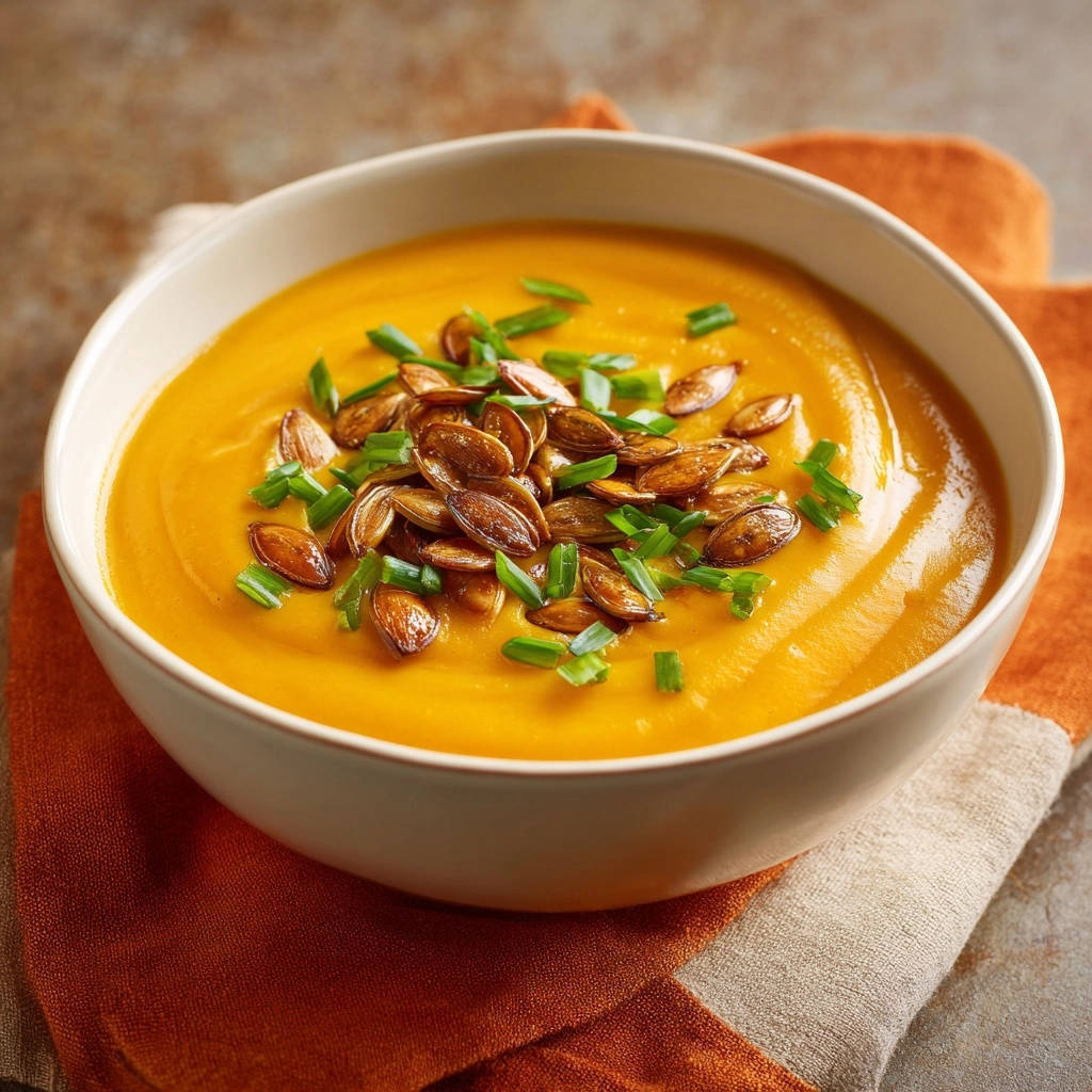 Cremige Kürbissuppe mit knusprigen Kernen, serviert in einer cremefarbenen Schüssel, garniert mit frischen Kräutern und gerösteten Kernen.