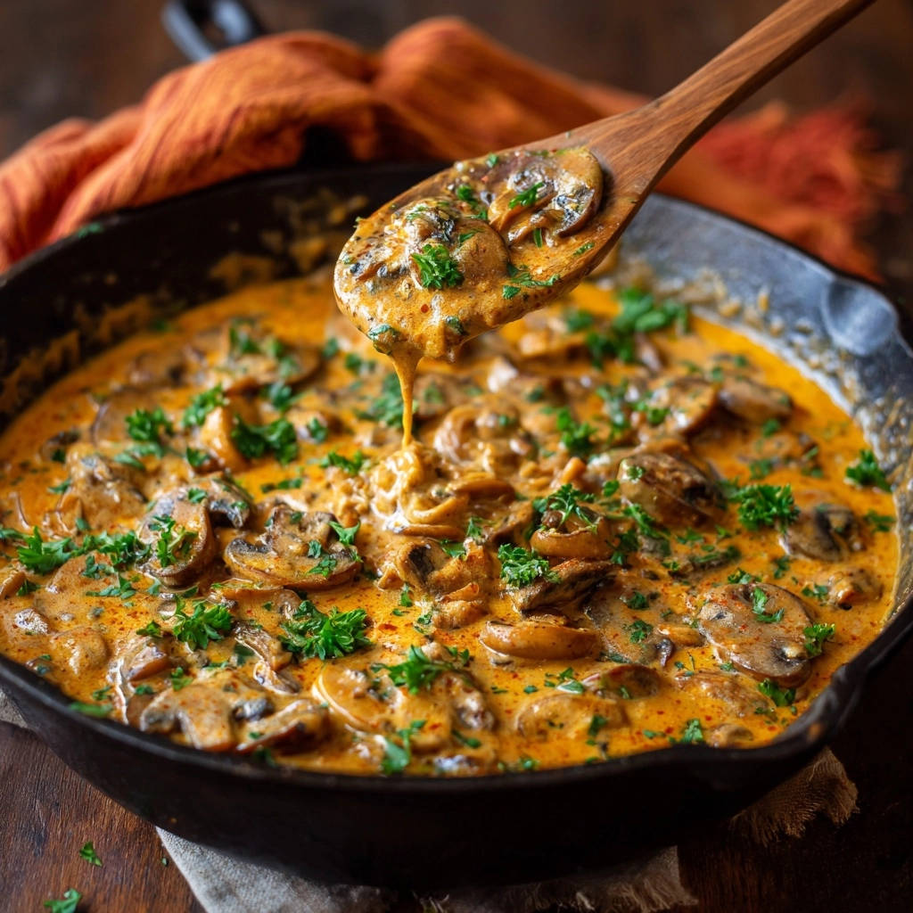 Cremige Pilzpfanne Lffel Nahaufnahme 1 Cremige Pilzpfanne wird in einer Pfanne serviert, mit einem holzernen Löffel, der die cremige Pilzsoße in Nahaufnahme zeigt.