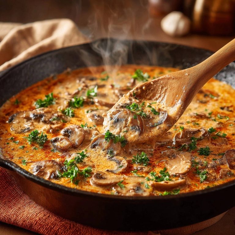 Cremige Pilzpfanne mit saftig-goldenen Pilzen, hier im Detail mit einem Holzkochlöffel herausgehoben, dampfend und appetitlich.