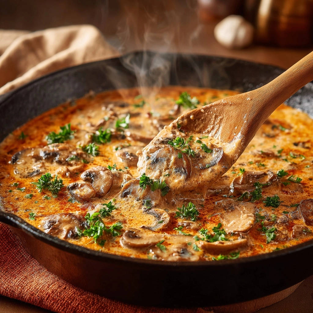 Cremige Pilzpfanne mit saftig-goldenen Pilzen, hier im Detail mit einem Holzkochlöffel herausgehoben, dampfend und appetitlich.