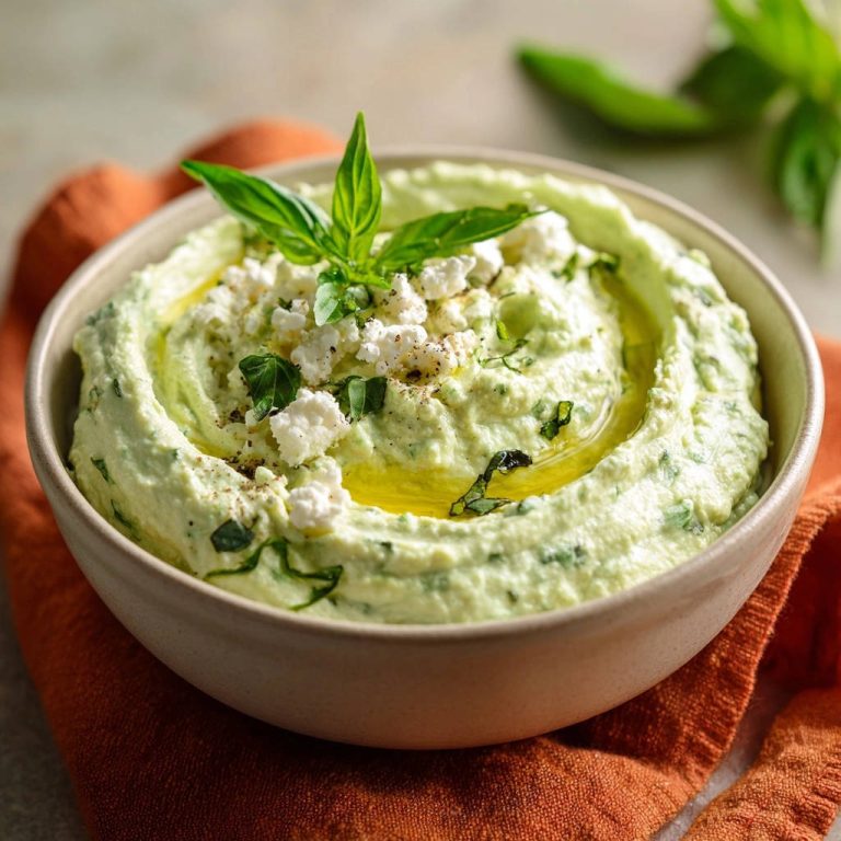 Cremiger Basilikum-Feta-Dip mit zerbröseltem Feta, frischem Basilikum und Olivenöl garniert in einer Schüssel.