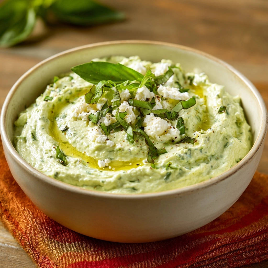 Cremiger Basilikum Feta Dip Draufsicht Serviert 1 Cremiger Basilikum-Feta-Dip, serviert in einer Schüssel, garniert mit frischem Basilikum und Feta-Käse, bereit zum Genießen.
