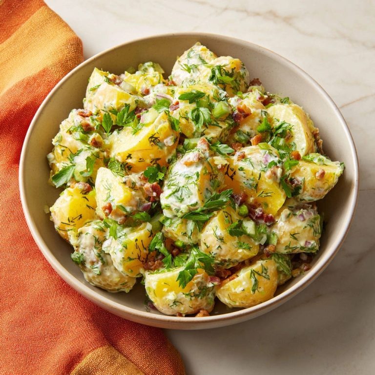 Cremiger Kartoffelsalat mit Dill & Bacon, serviert in einer Schüssel von oben, mit frischem Dill und knusprigem Speck.