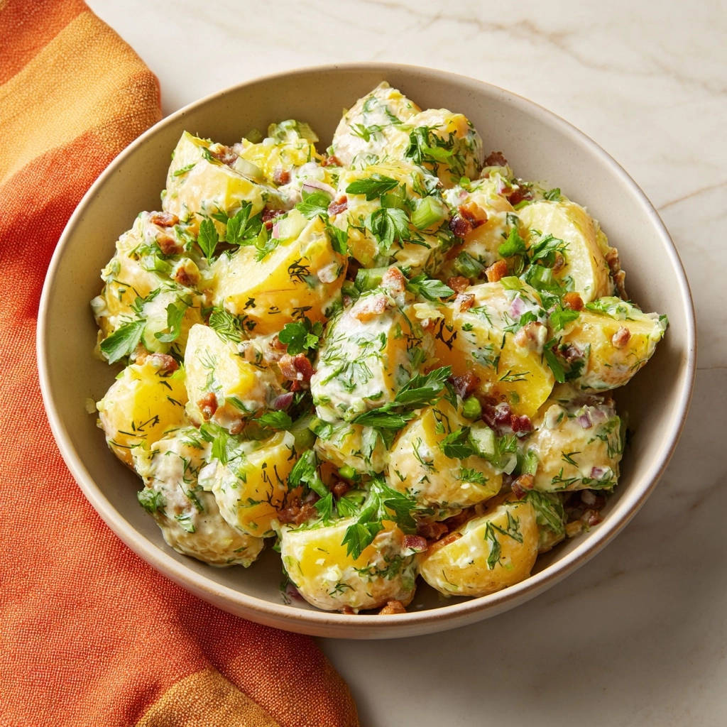 Cremiger Kartoffelsalat mit Dill & Bacon, serviert in einer Schüssel von oben, mit frischem Dill und knusprigem Speck.