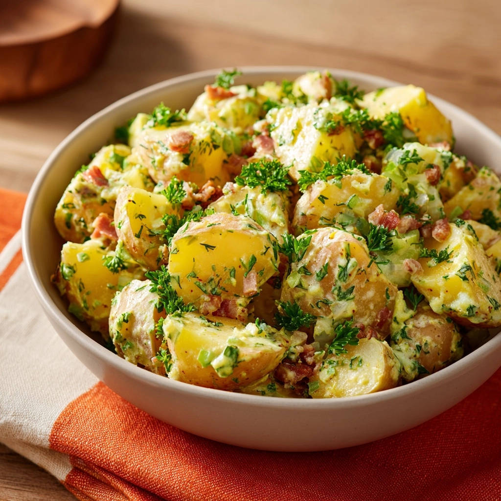Cremiger Kartoffelsalat mit Dill & Bacon in Nahaufnahme, garniert mit frischer Petersilie. Die cremige Sauce umschließt die Kartoffelstücke und Speckwürfel.