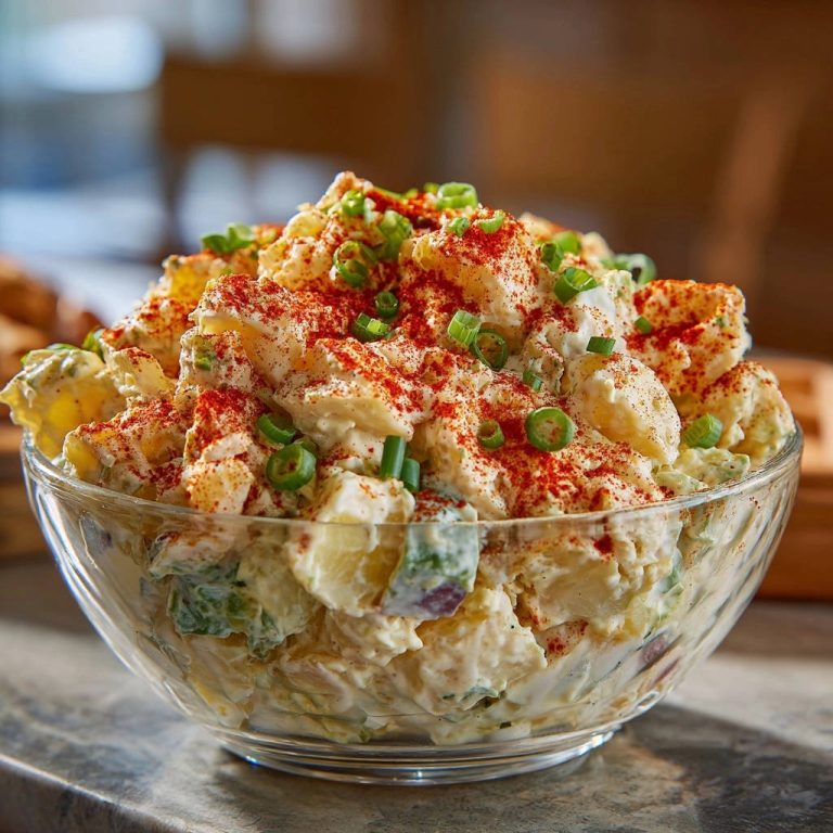 Cremiger Kartoffelsalat in einer Nahaufnahme, garniert mit Paprikapulver und frischen Schnittlauchringen, perfekt angerichtet in einer Glasschüssel.