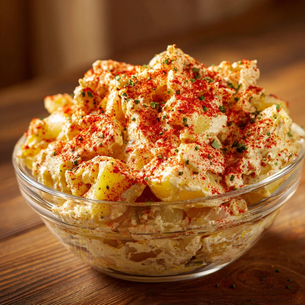 Cremiger Kartoffelsalat Nahaufnahme Serviert 1 Cremiger Kartoffelsalat in einer Glasschüssel serviert, mit Paprika bestäubt und frischen Kräutern dekoriert. Ein cremiges Kartoffelsalat-Rezept, das garantiert nicht matschig wird.