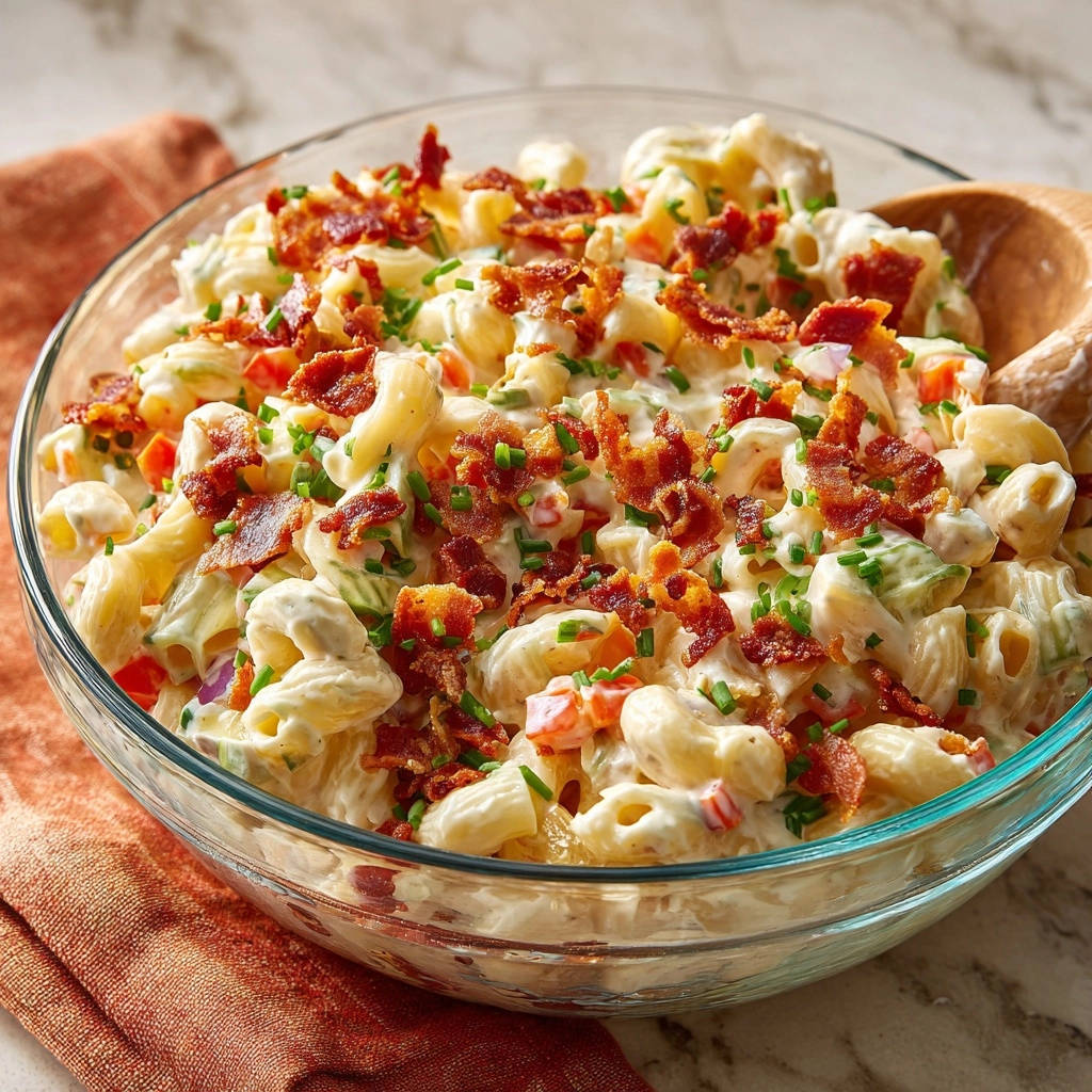 Cremiger Nudelsalat Mit Knusprigem Bacon Draufsicht 1 Cremiger Nudelsalat mit knusprigem Bacon, draufsicht. Der Nudelsalat ist in einer Glasschüssel serviert, garniert mit knusprigem Speck.