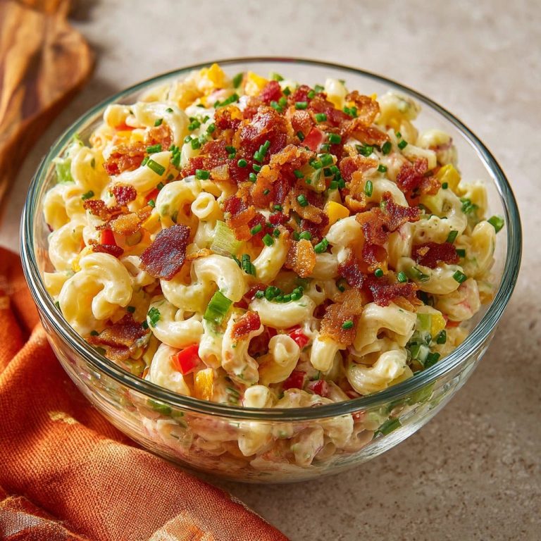 Cremiger Nudelsalat mit knusprigem Bacon, serviert in einer Glasschüssel, mit knusprigem Speck und frischen Kräutern garniert.