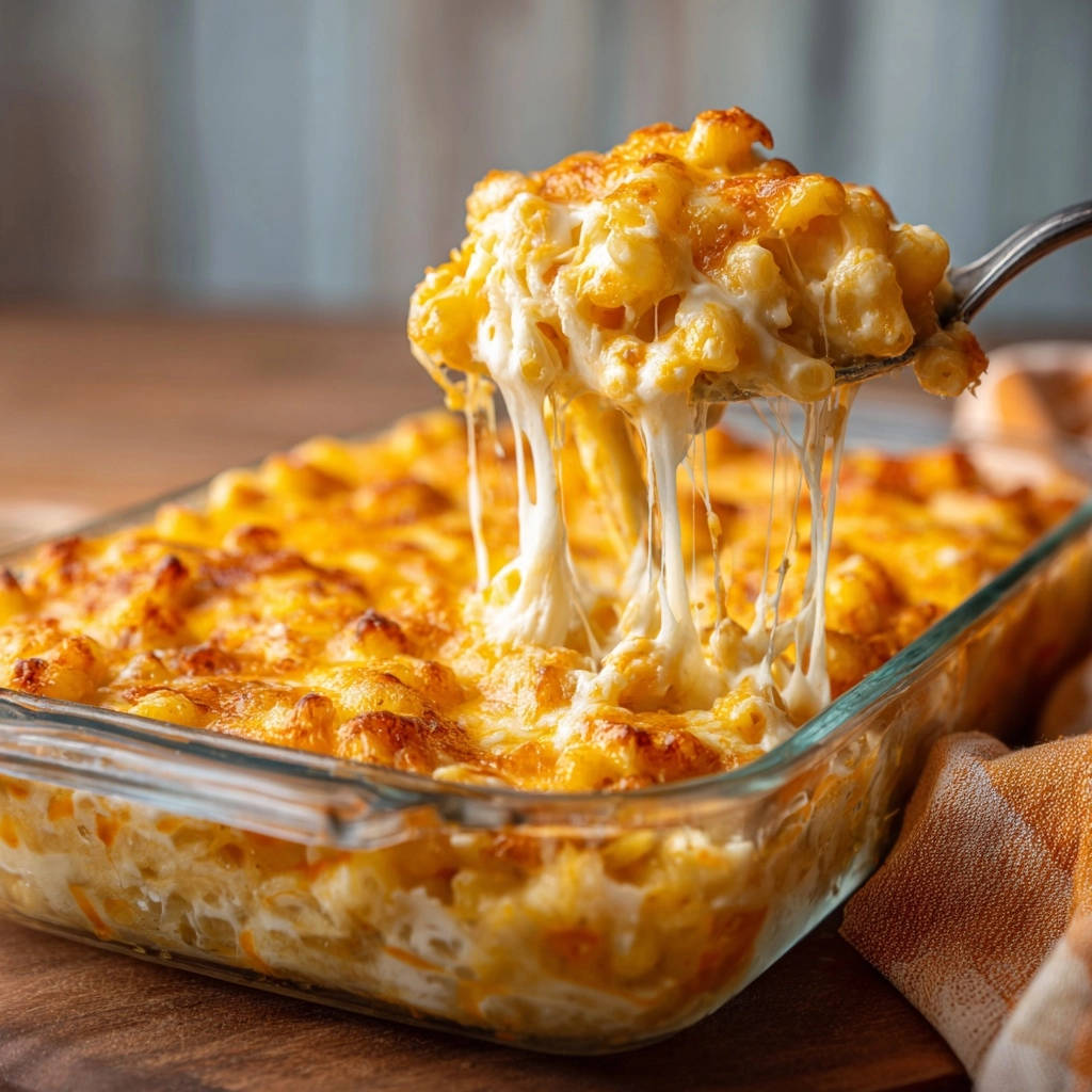 Cremiger Ofen Makkaroni Mit Kase Kaesefaden Nahaufnahme 1 Cremiger Ofen-Makkaroni mit Käse zeigt hier eine Nahaufnahme der Käsefäden, die sich beim Herausheben aus der Auflaufform ziehen.