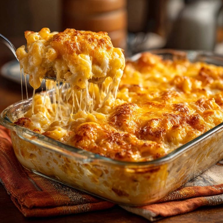 Cremiger Ofen-Makkaroni mit Käse in Nahaufnahme mit geschmolzenem Käse, der sich zieht. Ein köstliches Auflaufgericht, das vor Cremigkeit strotzt.