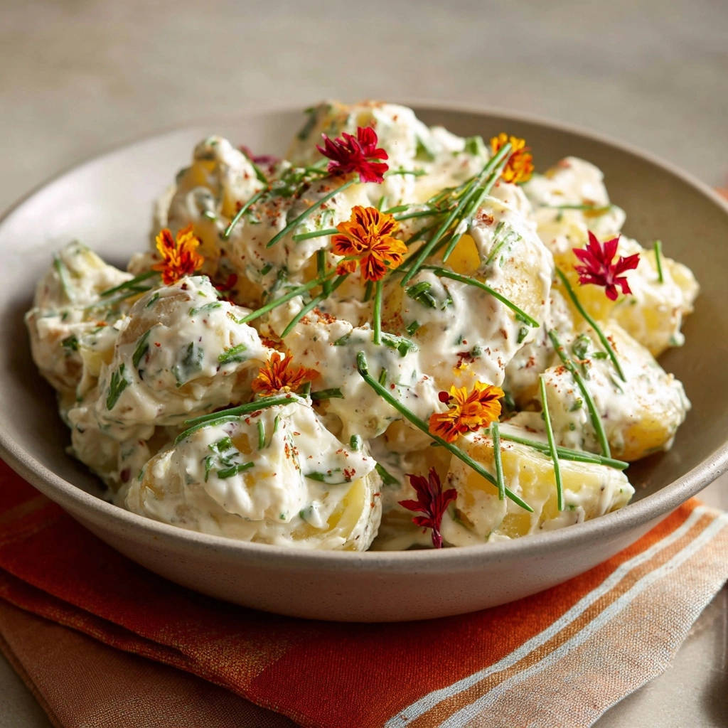 Cremiger Sommer-Kartoffelsalat in einer Nahaufnahme, wunderschön mit frischen Kräutern und essbaren Blüten garniert, serviert in einer rustikalen Schüssel.