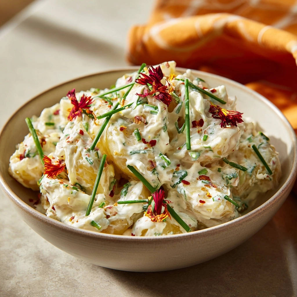Cremiger Sommer-Kartoffelsalat in einer Nahaufnahme, garniert mit frischen Kräutern und essbaren Blüten, serviert in einer rustikalen Schüssel.
